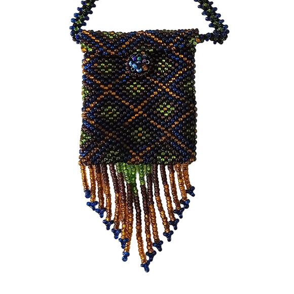Vintage Artisan Fringed Tribal Seed Bead Necklace Pouch Diamond Pattern - Picture 2 of 11